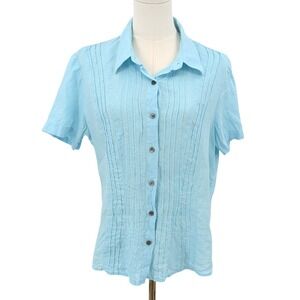 J Jill light‎ blue linen pintuck button front blouse airy summer short sleeve M